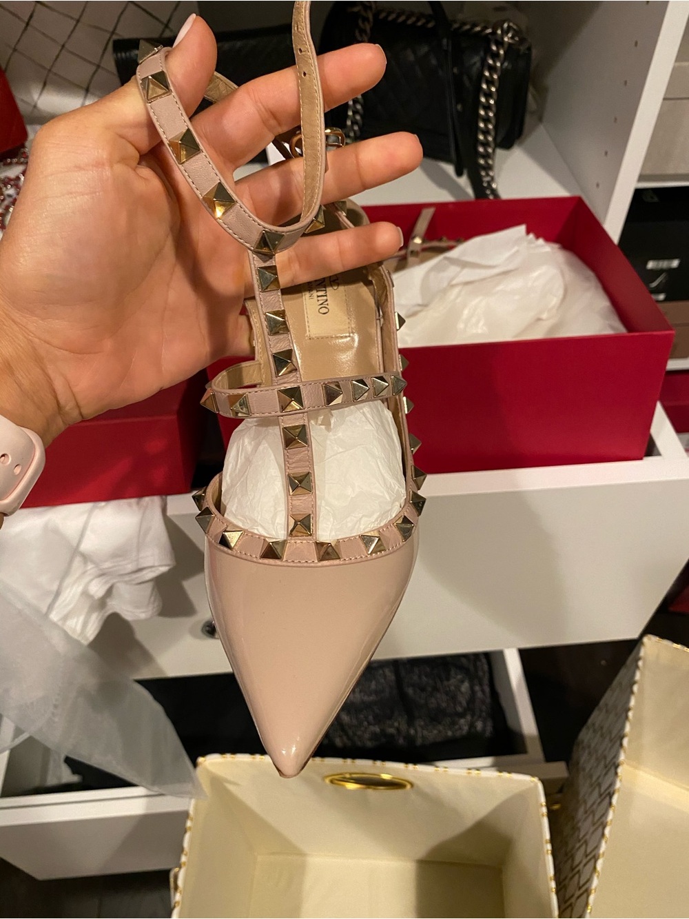 Valentino Blush Pink Patent Leather Rockstud Pointed Pump